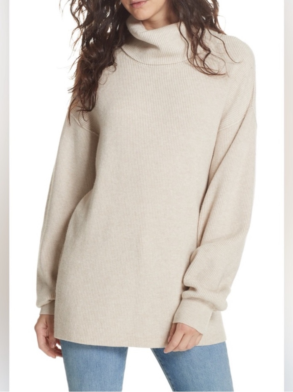 Free People Softly Structured Tunic Sweater in Rib Knit Heather Oatmeal Size S